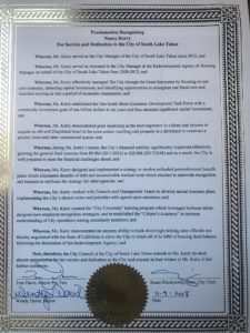 City of South Lake Tahoe Proclamation to Nancy Kerry